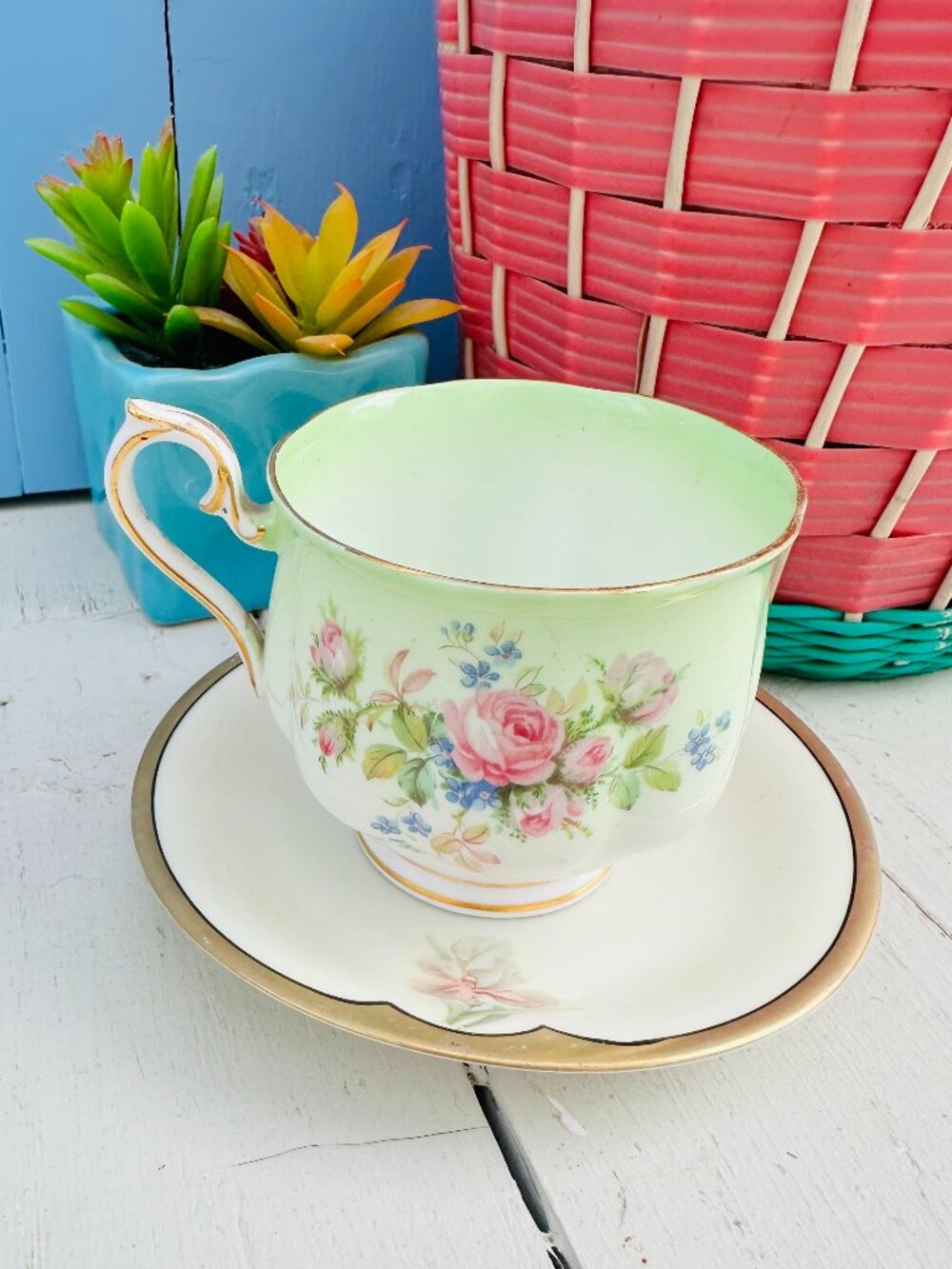 Vintage 50s Royal Albert "Moss Rose" teacup and saucer set, British bone china